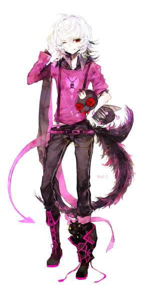 Anime picture 1000x2111 with original juexing (moemoe3345) single tall image short hair red eyes white background white hair tail one eye closed wink boy choker tongue pants cat key