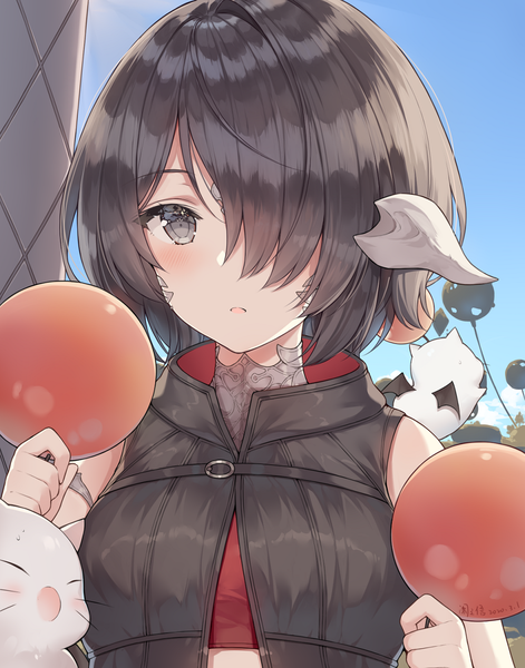 Anime picture 952x1211 with final fantasy final fantasy xiv square enix au ra moogle ayuanlv single tall image looking at viewer blush fringe short hair open mouth black hair holding signed sky upper body outdoors horn (horns)