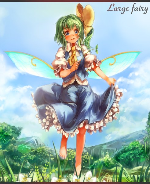 Anime picture 1012x1237 with touhou daiyousei sachito (artist) single tall image blush short hair blue eyes sky cloud (clouds) barefoot green hair inscription one side up mountain girl flower (flowers) bow plant (plants) hair bow