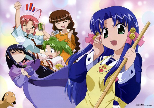 Anime picture 4925x3459 with mahoraba j.c. staff aoba kozue kurosaki sayoko kurosaki asami momono megumi chanohata tamami haibara yukio fujii masahiro long hair looking at viewer highres open mouth blue eyes black hair smile brown hair purple eyes multiple girls holding