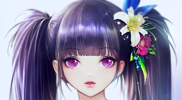 Anime picture 900x497 with dadachyo single long hair looking at viewer simple background wide image twintails purple eyes purple hair blunt bangs hair flower lips depth of field face girl hair ornament flower (flowers) ribbon (ribbons) hair ribbon