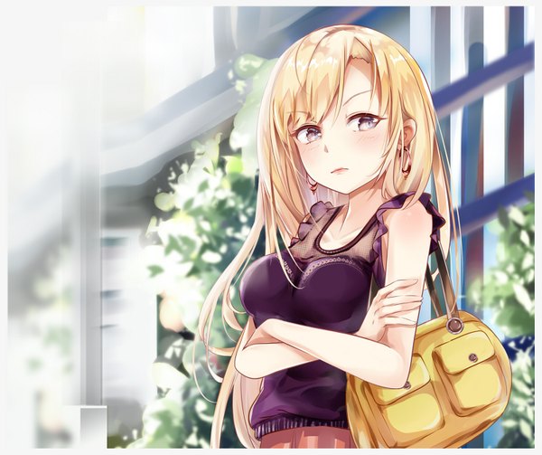 Anime picture 1480x1242 with original mutang single long hair looking at viewer blush fringe breasts blonde hair hair between eyes standing bare shoulders payot upper body outdoors wind lips blurry shadow grey eyes