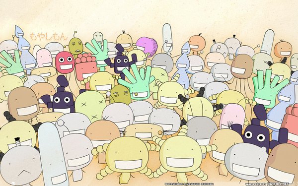 Anime picture 1920x1200 with moyashimon looking at viewer highres simple background smile wide image inscription hieroglyph no people multicolored creature crowd