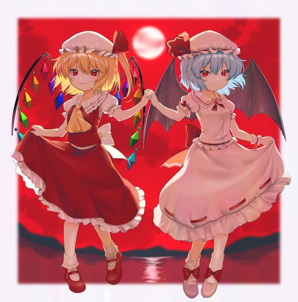 Anime picture 1500x1523 with touhou flandre scarlet remilia scarlet kiyosato0928 tall image looking at viewer fringe short hair blonde hair smile hair between eyes red eyes multiple girls blue hair sky blurry short sleeves puffy sleeves one side up holding hands