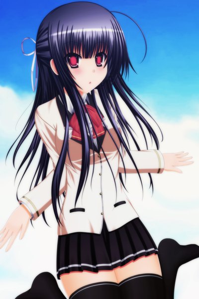 Anime picture 3000x4500 with tagme (copyright) toyokawa itsuki (p mayuhime) single long hair tall image blush highres red eyes purple hair half updo girl thighhighs uniform black thighhighs school uniform