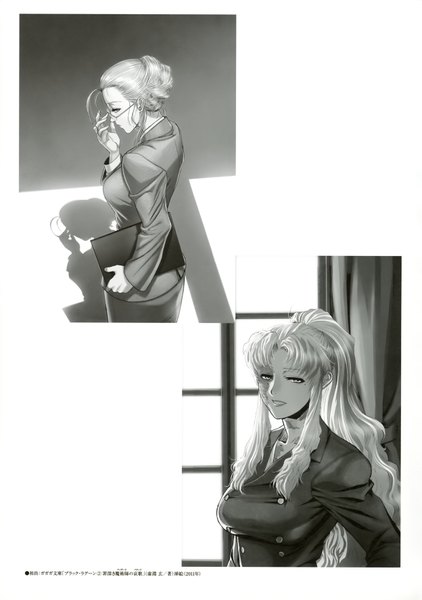Anime picture 2495x3543 with black lagoon madhouse balalaika (black lagoon) hiroe rei long hair tall image looking at viewer highres open mouth standing profile grey hair scan shadow grey eyes monochrome scar dual persona double buttons girl