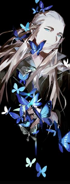 Anime picture 400x1041 with lord of the rings legolas star shadow magician single long hair tall image looking at viewer blonde hair aqua eyes pointy ears black background elf boy insect butterfly