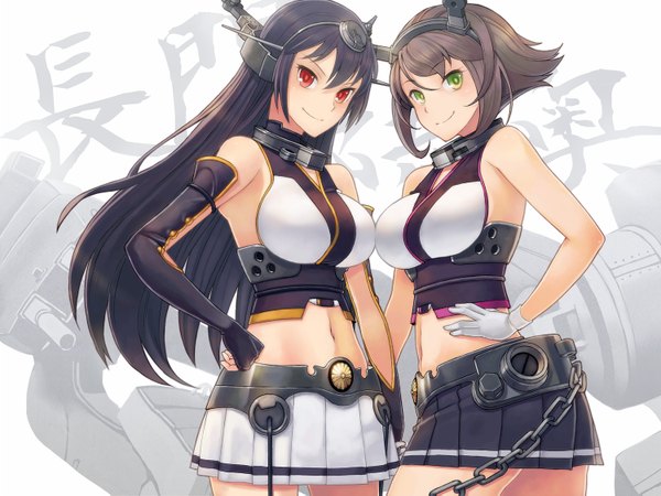 Anime picture 1500x1125 with kantai collection nagato battleship mutsu battleship itou (onsoku tassha) long hair short hair breasts black hair smile red eyes brown hair multiple girls green eyes midriff girl skirt gloves navel hair ornament 2 girls