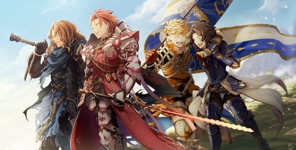 Anime-Bild 1200x609 mit granblue fantasy percival (granblue fantasy) vane (granblue fantasy) lancelot (granblue fantasy) siegfried (granblue fantasy) feb itk long hair short hair open mouth blonde hair brown hair wide image sky cloud (clouds) red hair multiple boys weapon over shoulder laughing boy weapon