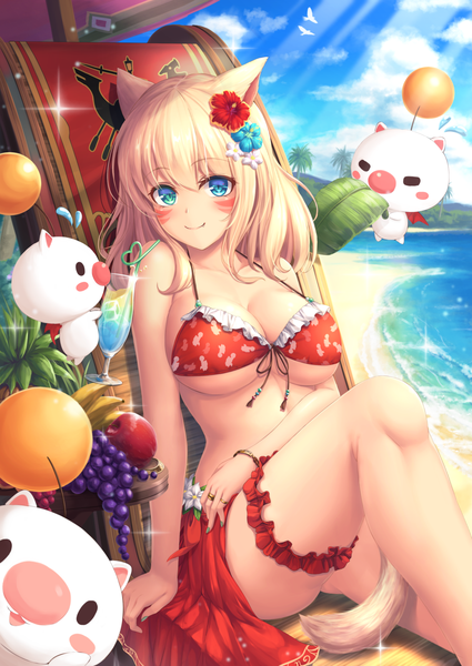 Anime picture 1200x1694 with final fantasy final fantasy xiv square enix miqo'te moogle tiphereth single long hair tall image looking at viewer fringe breasts blue eyes light erotic blonde hair smile animal ears bent knee (knees) tail animal tail