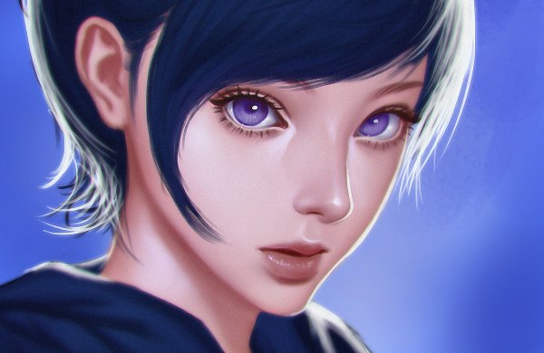 Anime picture 1200x780 with original real life jannine weigel naranavy single looking at viewer fringe short hair simple background purple eyes blue hair lips realistic portrait close-up blue background girl