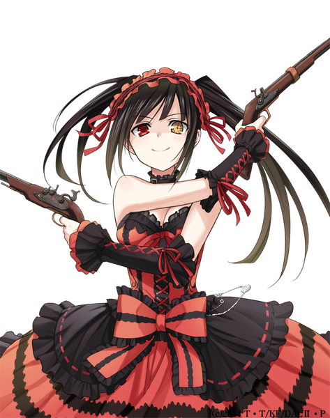 Anime picture 631x800 with date a live tokisaki kurumi konoe (vis9191) single long hair tall image looking at viewer fringe breasts black hair smile red eyes standing twintails holding yellow eyes payot cleavage heterochromia shaded face