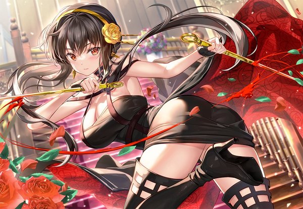 Anime picture 1140x789 with spy x family yor briar fujima takuya single long hair looking at viewer blush fringe breasts light erotic black hair hair between eyes red eyes large breasts cleavage high heels girl dress flower (flowers) weapon