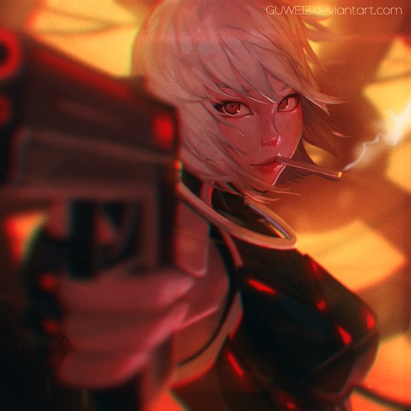 Anime picture 900x900 with guweiz single looking at viewer fringe short hair smile red eyes holding signed silver hair lips mouth hold smoke girl weapon gun pistol cigarette