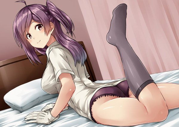 Anime picture 1684x1200 with kantai collection hagikaze (kantai collection) kamelie single long hair looking at viewer blush fringe breasts light erotic large breasts brown eyes purple hair ahoge bent knee (knees) ass indoors lying looking back light smile