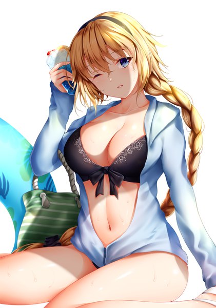 Anime picture 1263x1800 with fate (series) fate/grand order jeanne d'arc (fate) (all) jeanne d'arc (swimsuit archer) wsman single long hair tall image looking at viewer blush fringe breasts light erotic hair between eyes large breasts sitting braid (braids) parted lips head tilt one eye closed