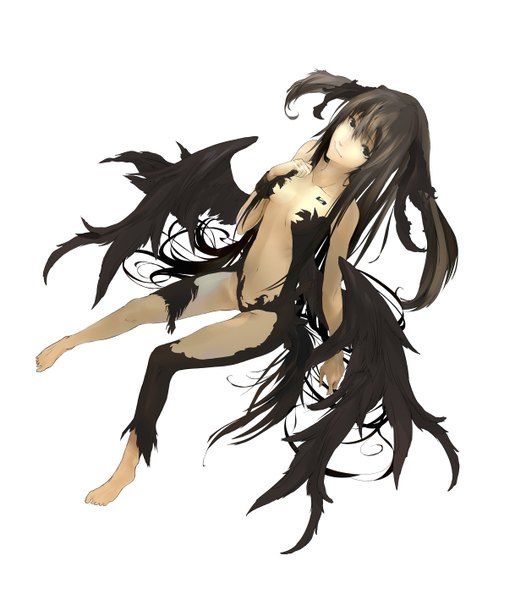 Anime picture 1243x1418 with nil (artist) single long hair tall image light erotic simple background brown hair white background sitting barefoot light smile black eyes tattoo looking up black wings head wings girl navel wings bracelet
