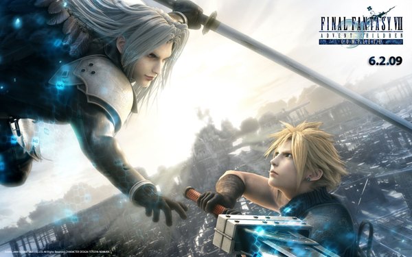 Anime picture 1920x1200 with final fantasy vii advent children final fantasy final fantasy vii square enix cloud strife sephiroth long hair highres short hair blonde hair wide image sky silver hair realistic cityscape battle 3d boy gloves weapon