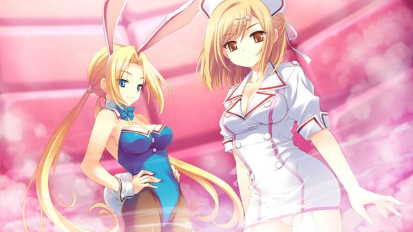 Anime picture 1280x720 with hoshi no ouji-kun qp:flapper long hair blue eyes light erotic blonde hair wide image twintails multiple girls game cg orange eyes bunny ears cosplay girl 2 girls bunnysuit