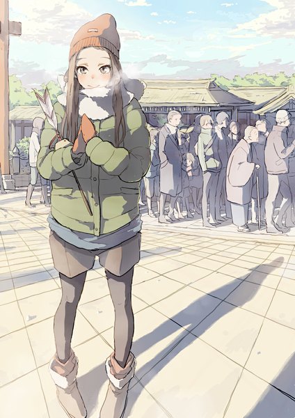 Anime picture 800x1132 with original kujyoo long hair tall image looking at viewer blush short hair smile brown hair standing brown eyes sky cloud (clouds) traditional clothes japanese clothes shadow winter exhalation hands in pockets praying