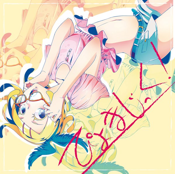 Anime picture 1654x1644 with vocaloid kagamine rin no.734 single short hair open mouth blue eyes blonde hair midriff girl navel hair ornament glasses shorts hairclip