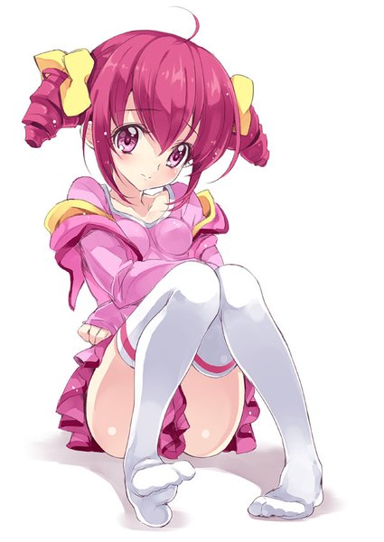 Anime picture 600x847 with precure smile precure! toei animation hoshizora miyuki yukiwo single tall image fringe short hair light erotic simple background hair between eyes white background sitting payot pink hair ahoge pink eyes hair bun (hair buns) embarrassed