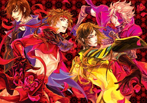 Anime picture 1181x829 with sengoku basara production i.g date masamune sanada yukimura motochika chousokabe motonari mouri sanjuu (artist) short hair brown hair white hair topless group boy gloves flower (flowers) petals armor eyepatch hachimaki