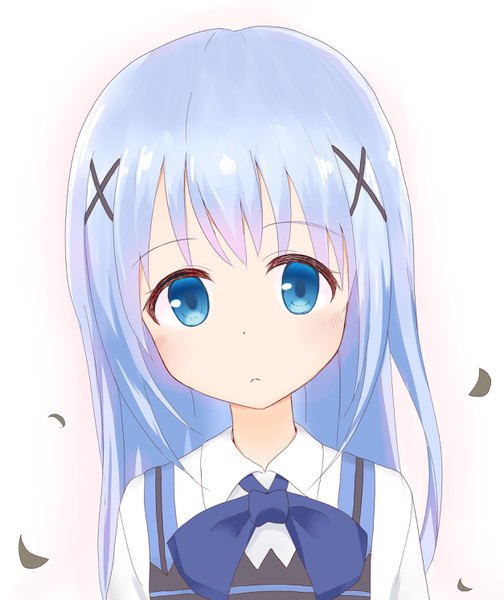 Anime picture 2507x2983 with gochuumon wa usagi desu ka? white fox kafuu chino hanakoizumi yoruno single long hair tall image looking at viewer fringe highres blue eyes simple background white background blue hair head tilt portrait girl uniform x hair ornament rabbit house uniform