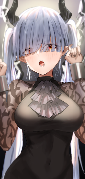 Anime picture 1430x3000 with arknights chained sarkaz girl horn/wood single long hair tall image looking at viewer blush fringe breasts open mouth red eyes large breasts twintails upper body blunt bangs pointy ears grey hair arms up :o