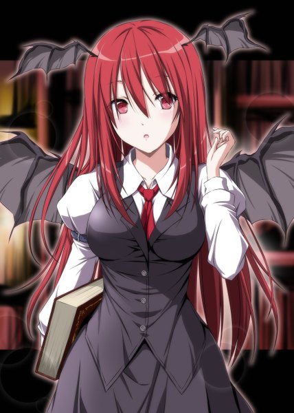 Anime picture 1042x1461 with touhou koakuma nori tamago single long hair tall image looking at viewer blush fringe open mouth red eyes standing red hair head wings girl skirt shirt wings necktie white shirt