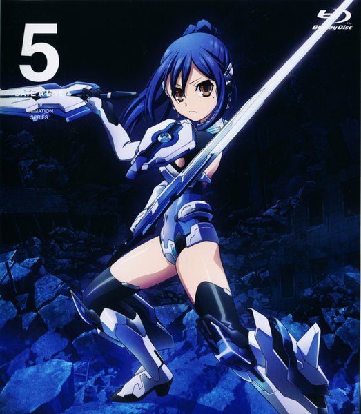 Anime picture 3031x3476 with date a live takamiya mana tagme (artist) single long hair tall image looking at viewer highres brown eyes blue hair absurdres ponytail scan inscription mole official art mole under eye dark background fighting stance cover