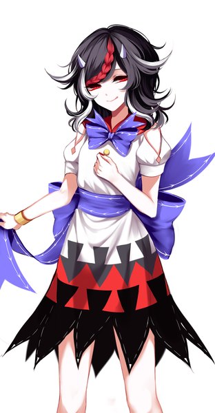 Anime picture 1700x3270 with touhou kijin seija sheya single tall image looking at viewer black hair simple background smile red eyes white background braid (braids) nail polish head tilt multicolored hair horn (horns) short sleeves streaked hair :q girl