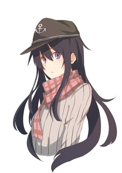 Anime picture 937x1325 with kantai collection akatsuki destroyer tsukamoto minori single long hair tall image looking at viewer black hair simple background white background purple eyes portrait girl scarf flat cap anchor symbol