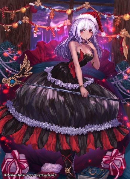 Anime picture 653x900 with jname single long hair tall image looking at viewer red eyes bare shoulders white hair christmas girl dress hat staff gift santa claus hat