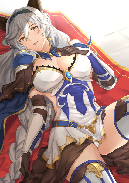 Anime picture 1003x1417 with granblue fantasy heles terry single long hair tall image fringe breasts open mouth light erotic hair between eyes large breasts animal ears yellow eyes cleavage silver hair lying braid (braids) single braid hand on chest