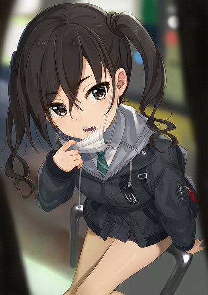 Anime picture 827x1169 with idolmaster idolmaster cinderella girls sunazuka akira azuki yui single long hair tall image looking at viewer blush fringe open mouth black hair hair between eyes sitting twintails payot from above black eyes blurry mole