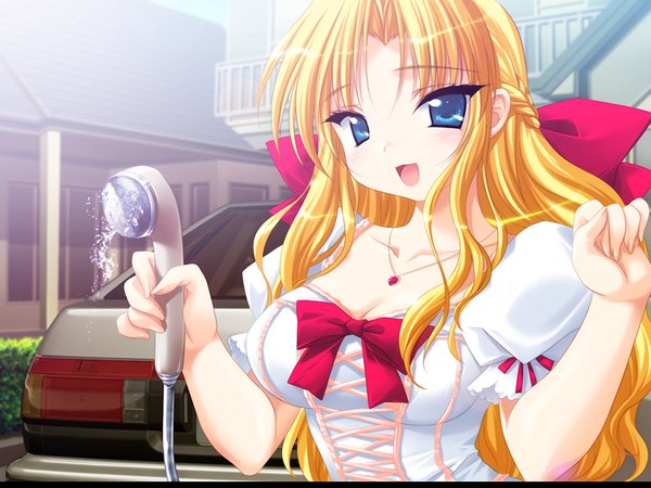 Anime picture 1024x768 with moero downhill night 2 toudouin reiko emily (pure dream) single long hair open mouth blue eyes light erotic blonde hair game cg upper body outdoors :d half updo girl dress pendant