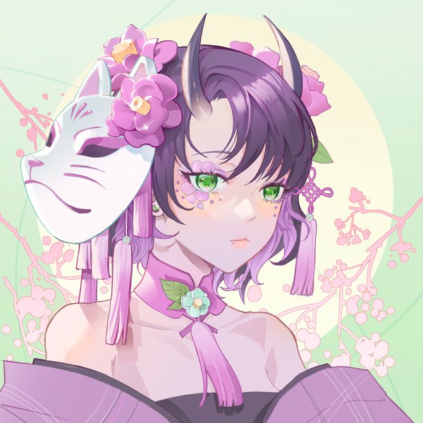 Anime picture 3400x3400 with original pearrl96 single fringe highres short hair simple background bare shoulders green eyes looking away absurdres purple hair upper body multicolored hair hair flower horn (horns) two-tone hair fang (fangs) facial mark oni horns