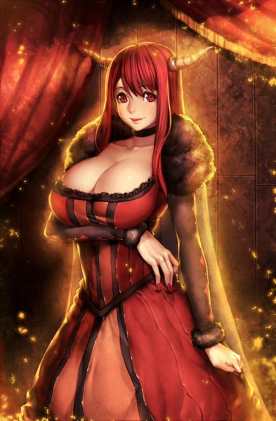 Anime picture 900x1371 with maoyuu maou yuusha arms corporation maou (maoyuu) kugi ta hori taira single long hair tall image looking at viewer breasts light erotic smile red eyes large breasts cleavage red hair horn (horns) girl dress