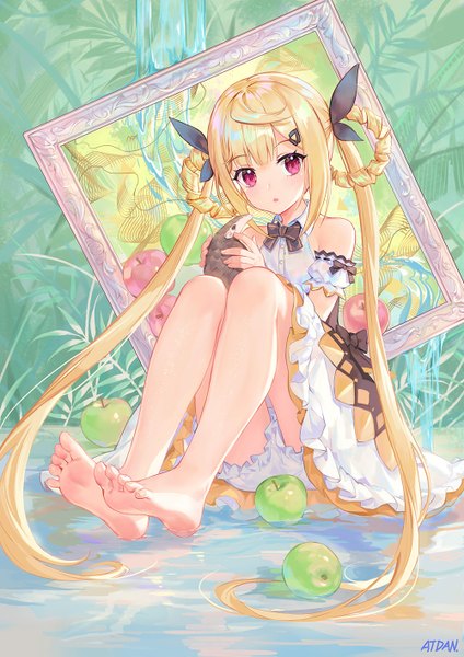 Anime picture 1000x1415 with vocaloid synthesizer v shian (synthesizer v) atdan single tall image looking at viewer blush fringe blonde hair hair between eyes red eyes sitting twintails holding signed payot bent knee (knees) very long hair barefoot