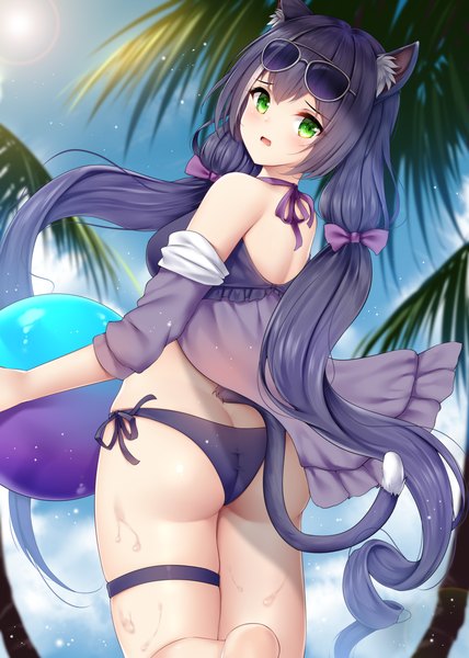 Anime picture 3000x4200 with princess connect! re:dive princess connect! karyl (princess connect!) wsman single long hair tall image looking at viewer blush fringe highres open mouth light erotic black hair hair between eyes standing twintails green eyes animal ears sky