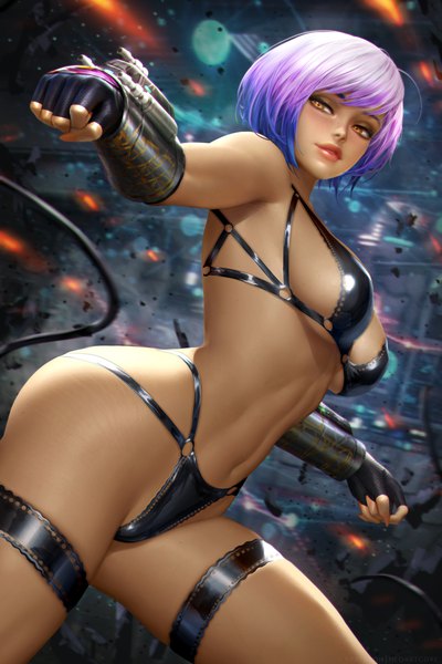 Anime picture 2400x3597 with star wars star wars: rebels sabine wren nudtawut thongmai single tall image fringe highres short hair breasts light erotic large breasts standing yellow eyes looking away purple hair blunt bangs realistic underwear only outstretched arm