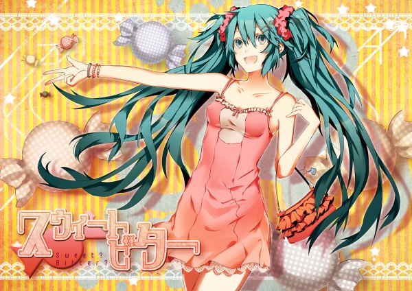 Anime picture 1200x848 with vocaloid hatsune miku arisaka ako long hair open mouth smile twintails bare shoulders green eyes very long hair green hair girl bracelet jewelry bag sundress scrunchie hair tie candy handbag