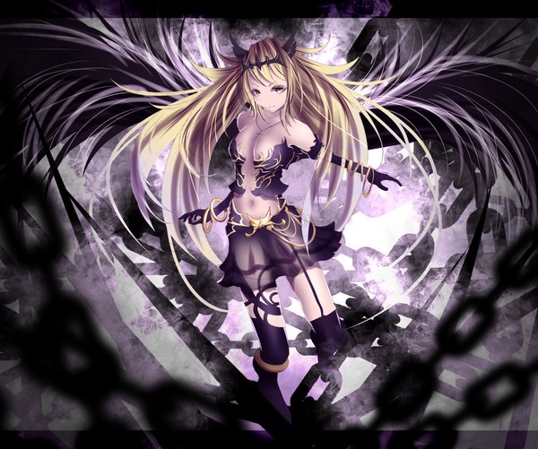 Anime picture 1270x1062 with original pixiv fantasia pixiv fantasia fallen kings yusuke (shiota) single long hair looking at viewer breasts light erotic blonde hair bare shoulders animal ears yellow eyes light smile outstretched arm black wings girl thighhighs skirt gloves