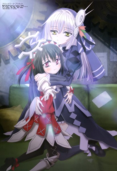 Anime picture 4080x5933 with clockwork planet megami magazine ryuzu (clockwork planet) anchor (clockwork planet) matsumoto masayo long hair tall image blush highres black hair red eyes multiple girls yellow eyes absurdres white hair official art loli hug outstretched hand girl