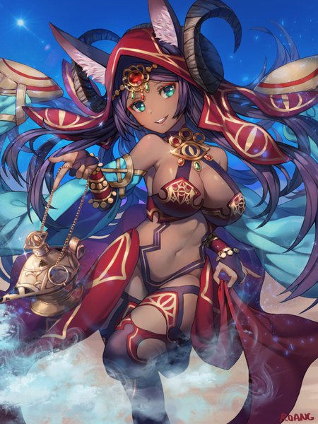 Anime picture 700x933 with fate (series) fate/grand order queen of sheba (fate) roang single long hair tall image looking at viewer breasts open mouth light erotic smile large breasts standing bare shoulders holding signed animal ears sky cleavage