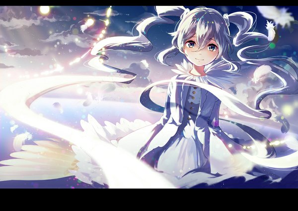 Anime picture 800x569 with vocaloid hatsune miku sheep sleep long hair looking at viewer blush blue eyes smile twintails blue hair sky cloud (clouds) wind sunlight sunbeam girl dress animal bird (birds) feather (feathers)