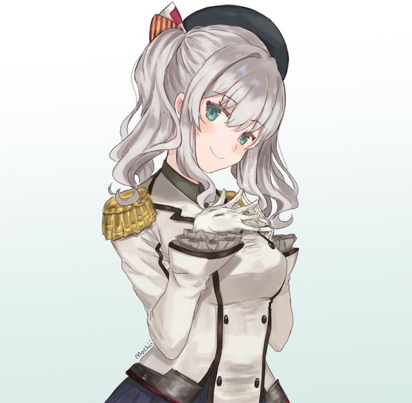Anime picture 1533x1500 with kantai collection kashima training cruiser mochii single blush fringe short hair simple background smile hair between eyes twintails signed silver hair upper body aqua eyes gradient background short twintails military fingers together girl