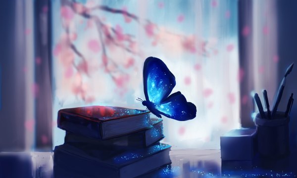 Anime-Bild 5000x3000 mit original chibionpu highres wide image absurdres cherry blossoms no people shiny plant (plants) petals tree (trees) window book (books) insect butterfly pen pencil