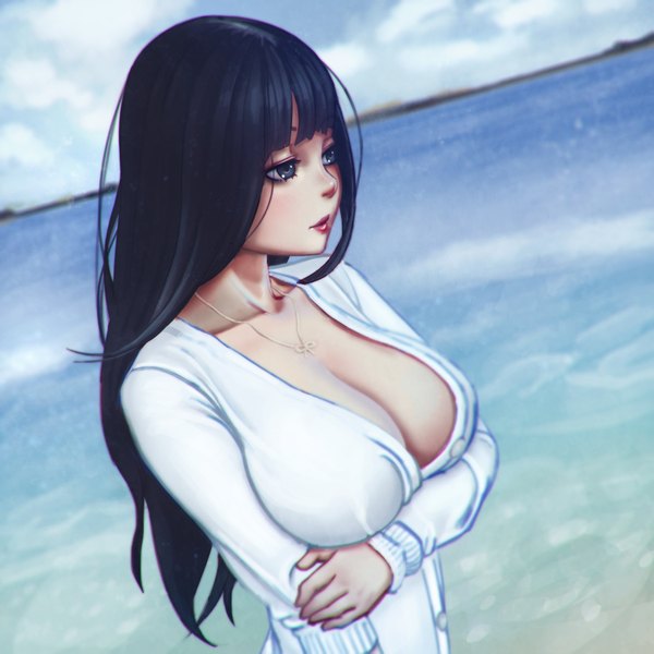 Anime picture 3150x3150 with real life barbie ke er nikita varb single long hair blush fringe highres breasts blue eyes light erotic black hair large breasts standing looking away absurdres sky cleavage cloud (clouds) parted lips